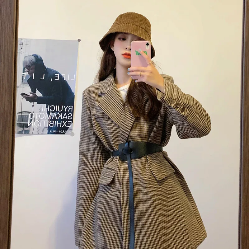 

Autumn Winter Vintage Houndstooth Woolen Blazer Jackets For Women Double Breasted Belted Slim Female Outwear 2021