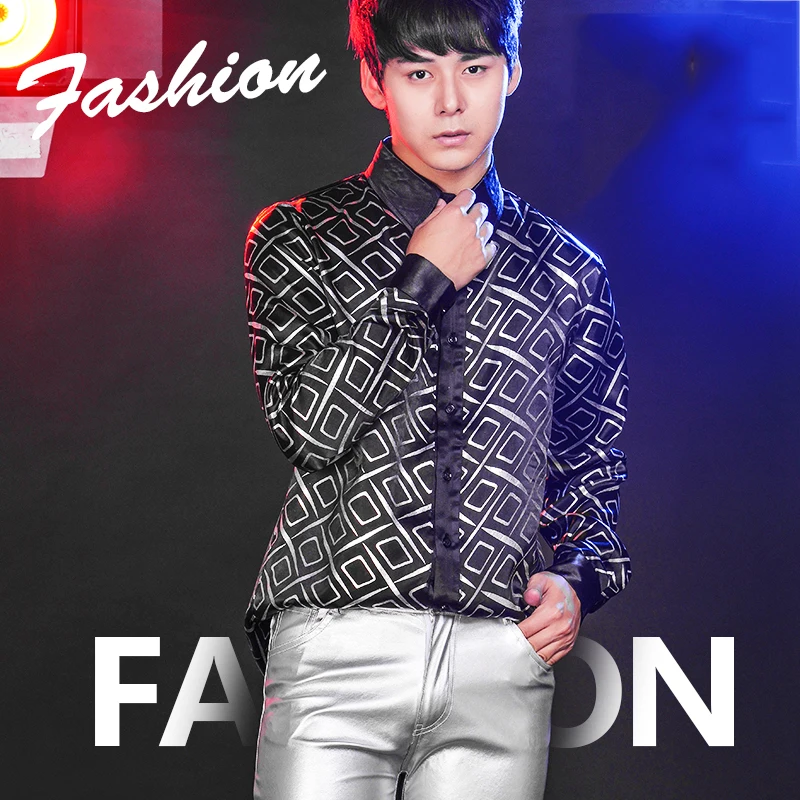 Мужской костюм для джазовых танцев приталенная черная рубашка с принтом