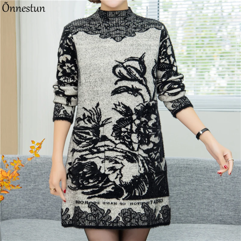 

Свитер с геометрическим рисунком Женская осенне-зимняя повседневная женская одежда пуловер вязаное платье мягкий пушистый длинный свитер ...