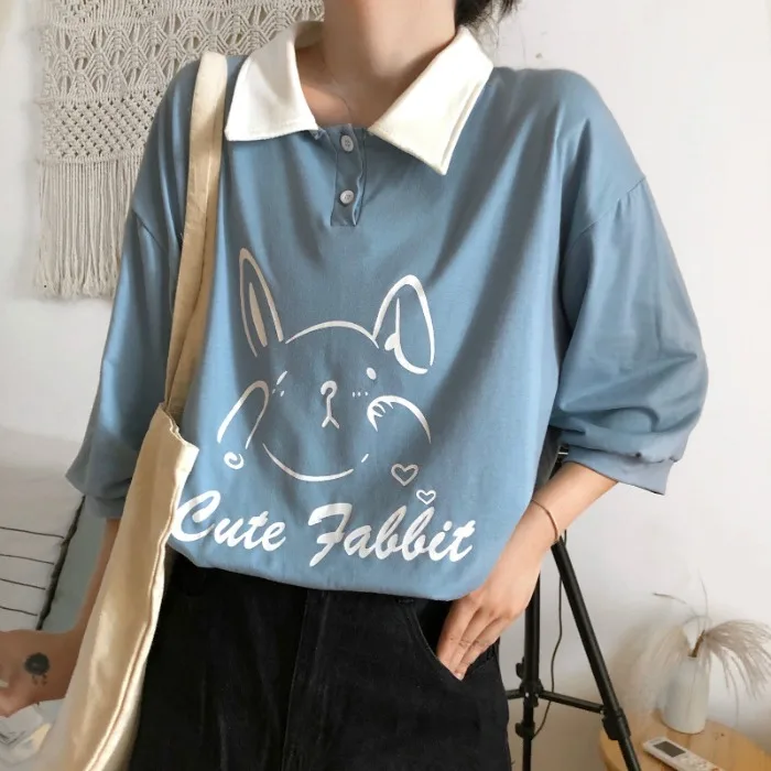 

Preppy Style Cartoon Rabbit Print Blue Loose-Fitting Polo Collar Short Sleeve T-shirt Women's Ins Trendy Sweet Top T-shirt