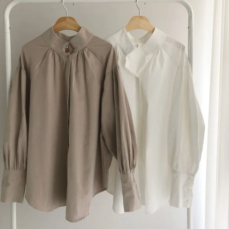 

Sister Fara New Spring Blouse Woman's Lantern Sleeve Shirt Long O-Neck Female 2021 Loose Casual Full Sleeve Office Lady Blouses