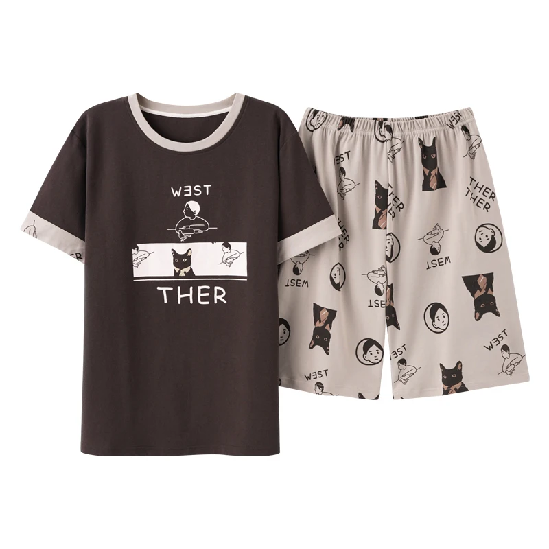 

Funny Cartoon Pajamas Set For Couple Fashion Gray Short-Sleeve Sleepwear Casual Plus Size Men Homewear Korean Cute Women Pajamas