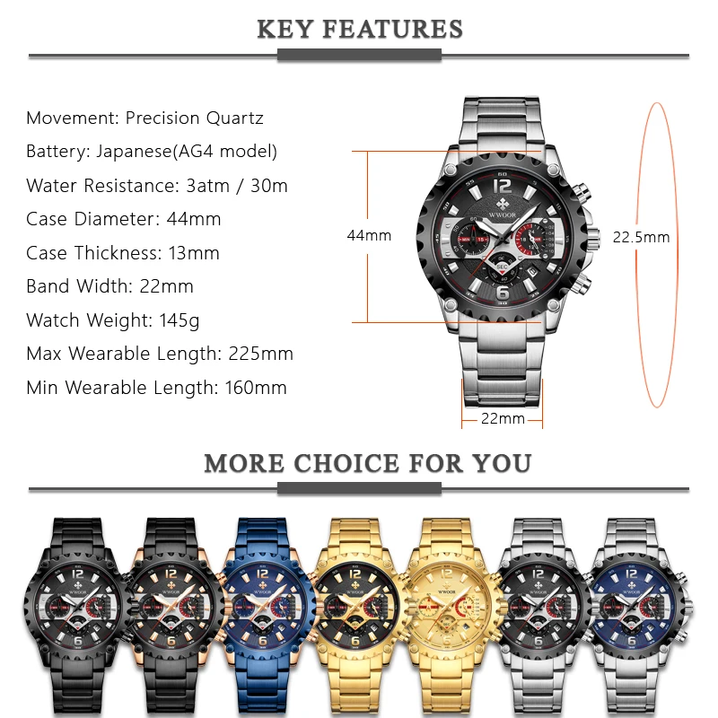 

WWOOR New Men Watches Chronograph Quartz Watch for Men Luxury Brand Multifunction Waterproof Sport Clock Silver Male Wrist Watch