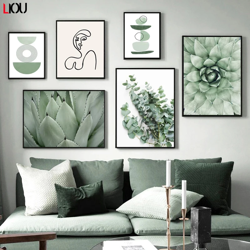 Зеленое растение Агава кактус Абстрактная Геометрия линия настенный