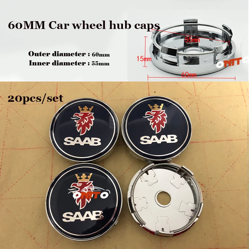 

20X /SET 60mm Chrome label Car logo Badge Emblem Wheel hub Caps for Saab 9-3 9-5 93 95 BJ SCS
