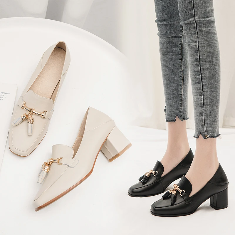 Free shipping 2020 Women's shoes Work shoes spring and autumn bow low low-heeled shoes thick heel casual female leather