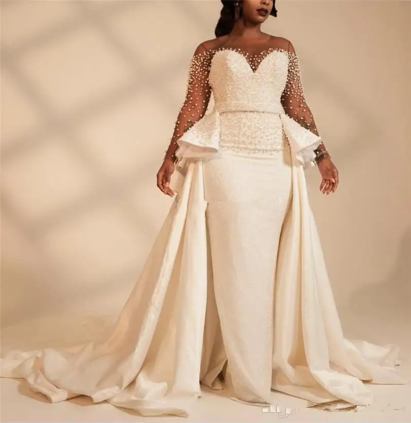 

Long Sleeves Plus Size Mermaid Wedding Dresses Overskirt Pearls Beaded Illusion African 2021 Bridal Gowns Customized