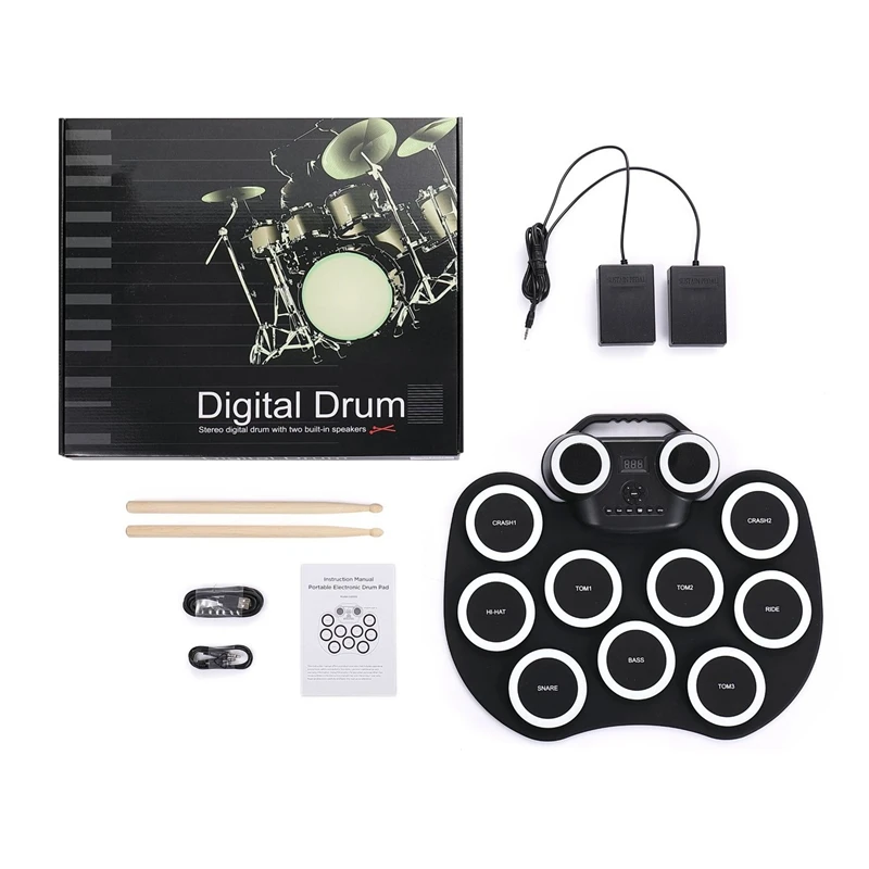 

WERSI Silica Gel Electronic Drum Set Roll Up Portable Practice Pad Kit Built-in 2 Effect Pedals Drumsticks for Kids Beginners