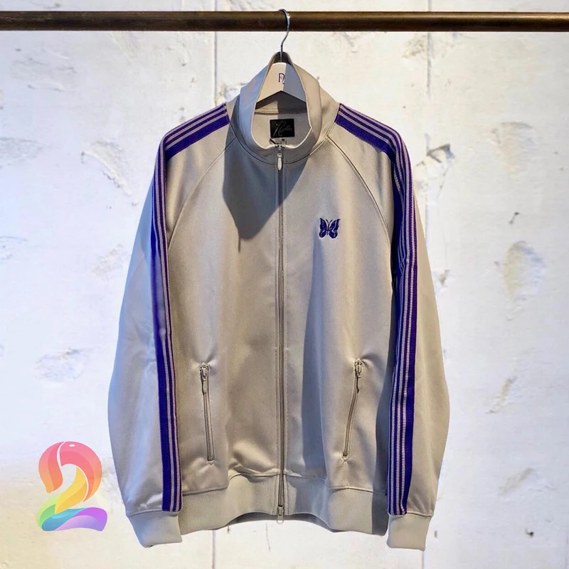 

AWGE Needles Suit Purple Butterfly Embroidery Retro Striped Sports Casual Gray Sweatshirt Pants Oversize Men's Women's Clothes
