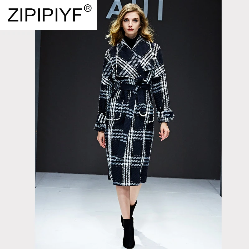Классическое клетчатое дизайнерское новое черное шерстяное пальто сезона осень