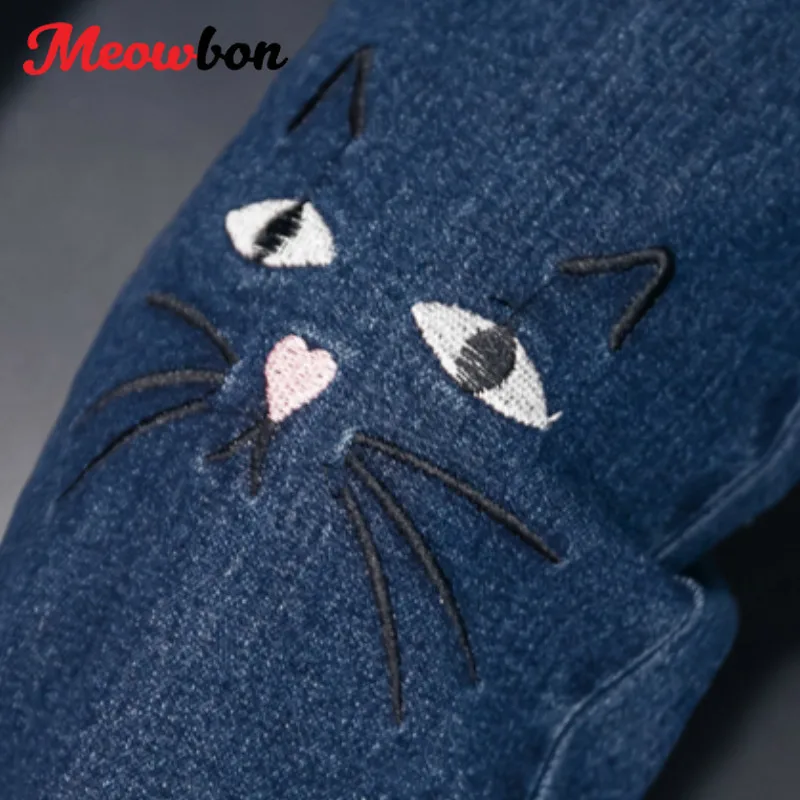 Женские зимние утепленные джинсы капри с вышивкой кошки размеры S M L XL 2XL 3XL 4XL 5XL