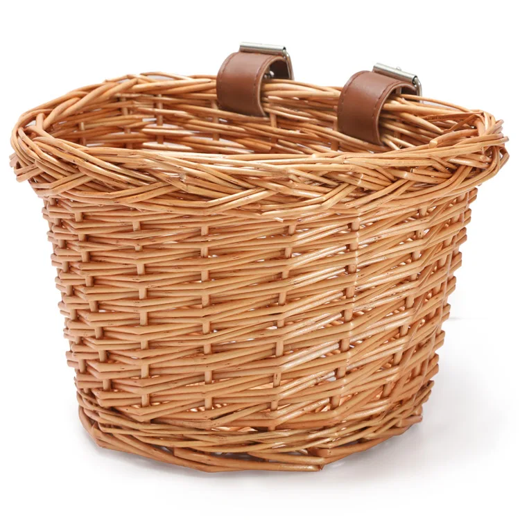 

Bicycle front basket wicker rattan retro strap front handle children tricolor