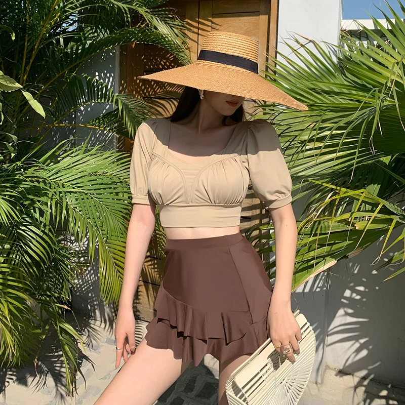 

Split bathing suit women's conservative coffee half sleeve 2021 new slim fashion sexy swimsuit