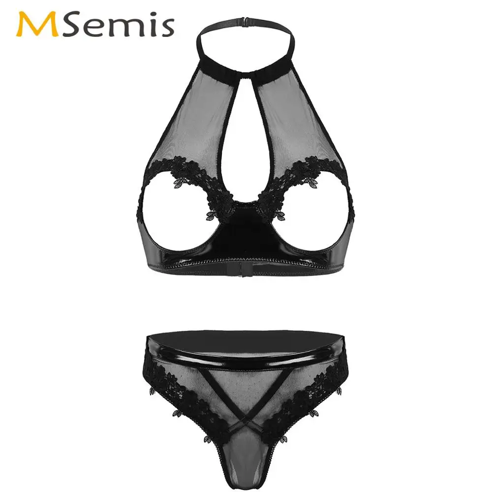 

Women Sexy Nightwear Floral Lace Trim Splice Patent Leather Lingerie Set Transparent Lenceria Open Cup Bra with High Waist Thong