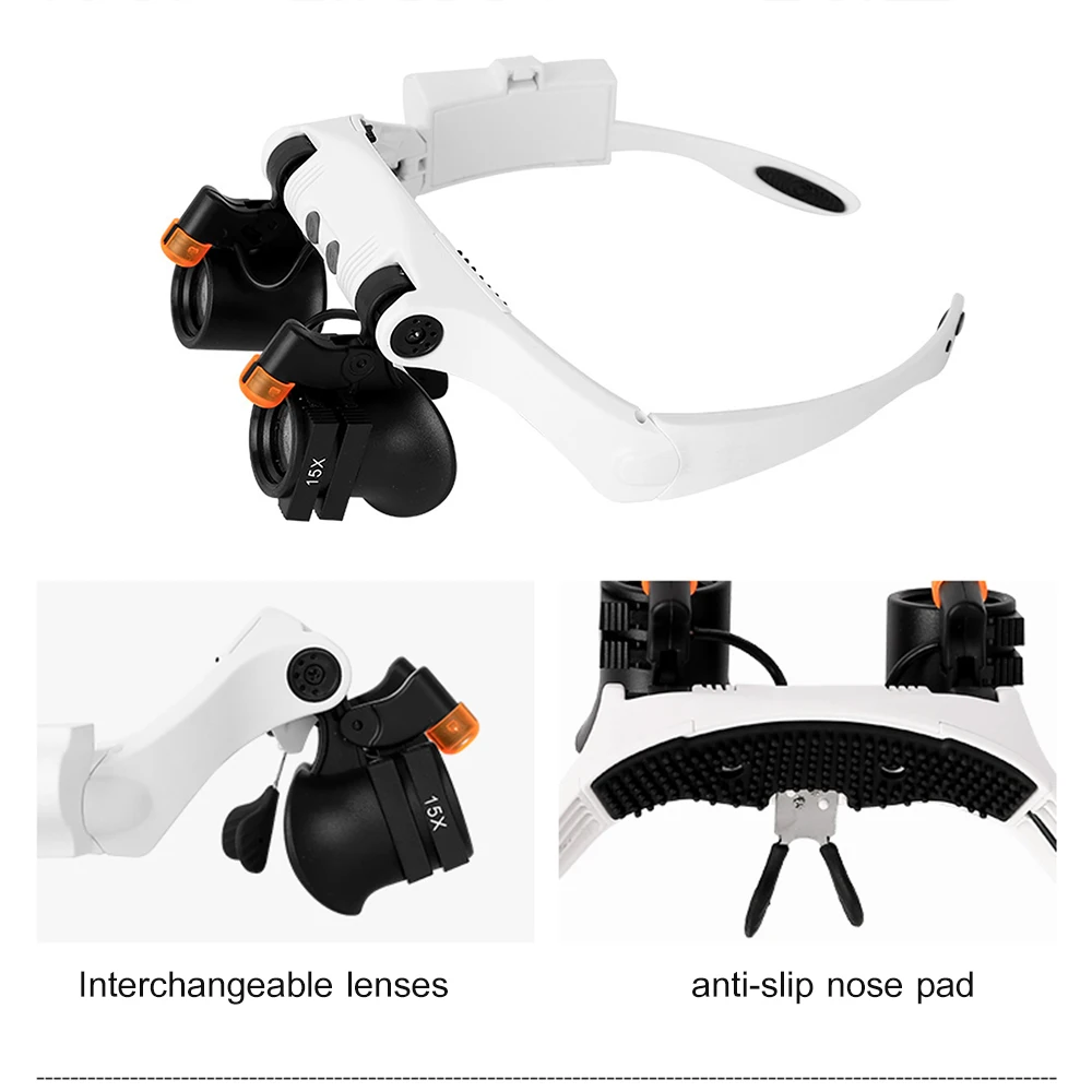

Headband Magnifier Eye Loupes Eyeglass Style Hands-Free Magnifying Glass Multiple Magnifications with Warm and Cool LED Lights