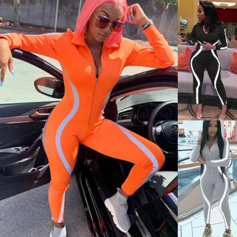 Женский Повседневный полосатый светоотражающий комбинезон на молнии с длинным