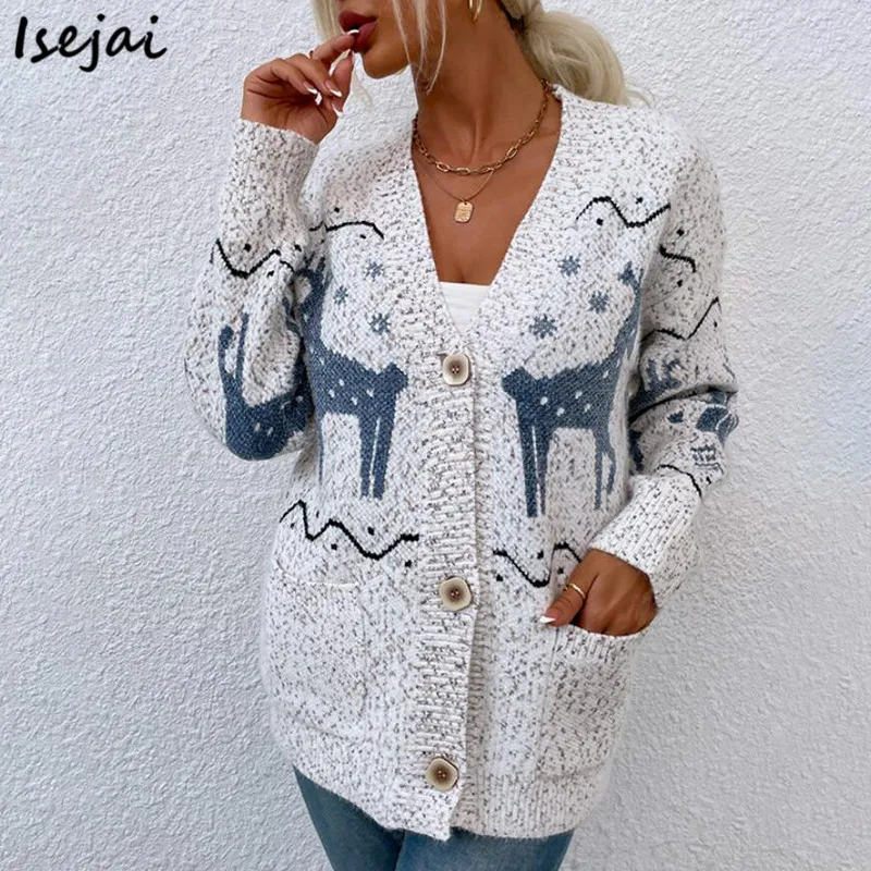 

Single-breasted Christmas Cardigans Womens Autumn Winter Thick Sweater Women Coat