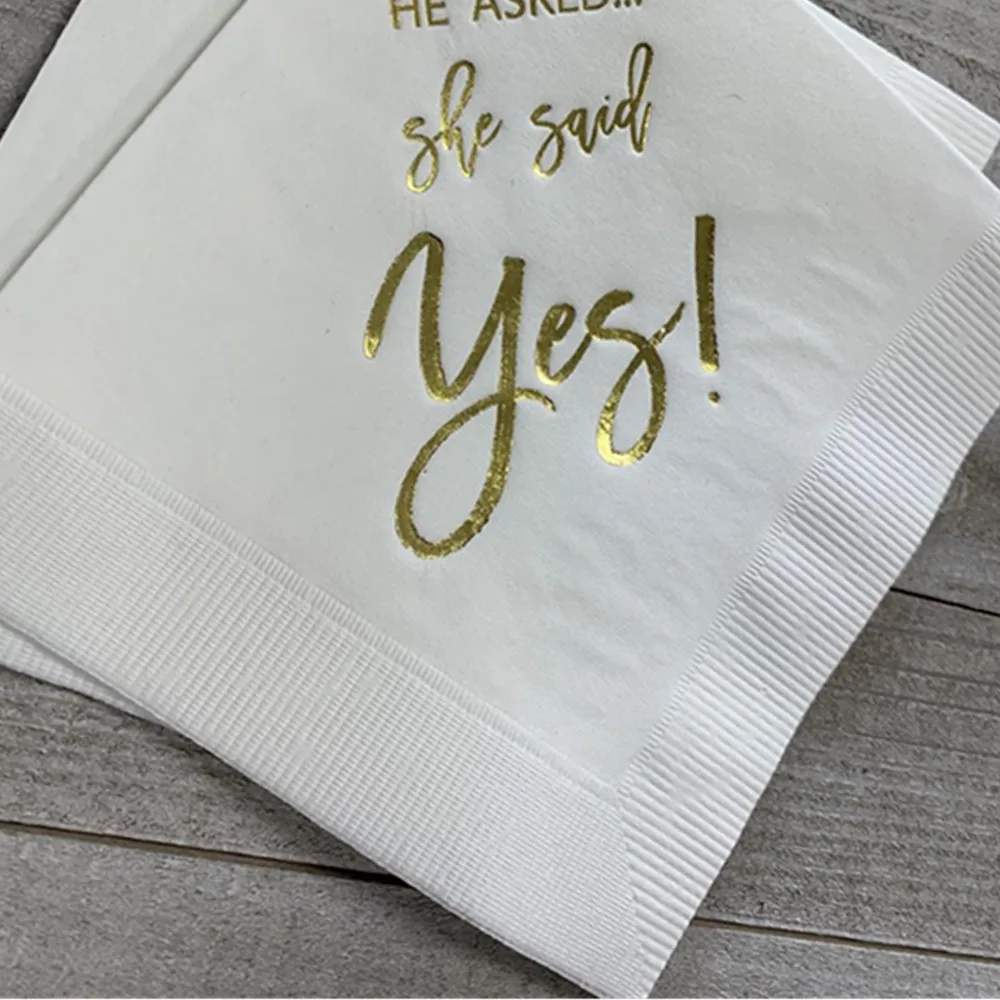

25 White with Metallic Gold Foil Cocktail Beverage Napkins He Asked She said Yes Engagement Party SHIPS in 24 HOURS or less!