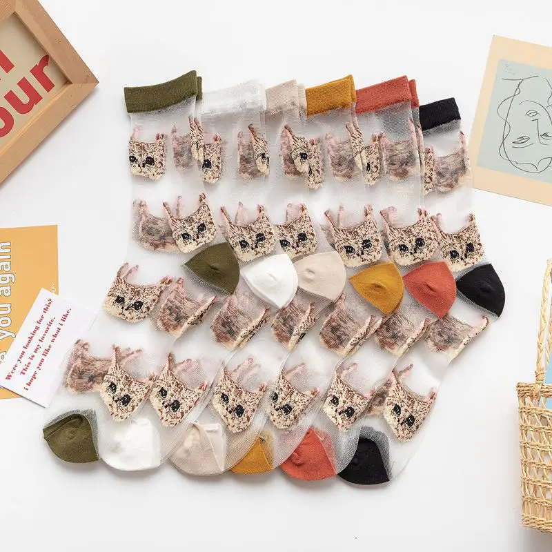 Носки женские хлопковые с мультяшным рисунком Модные прозрачные милые носки для