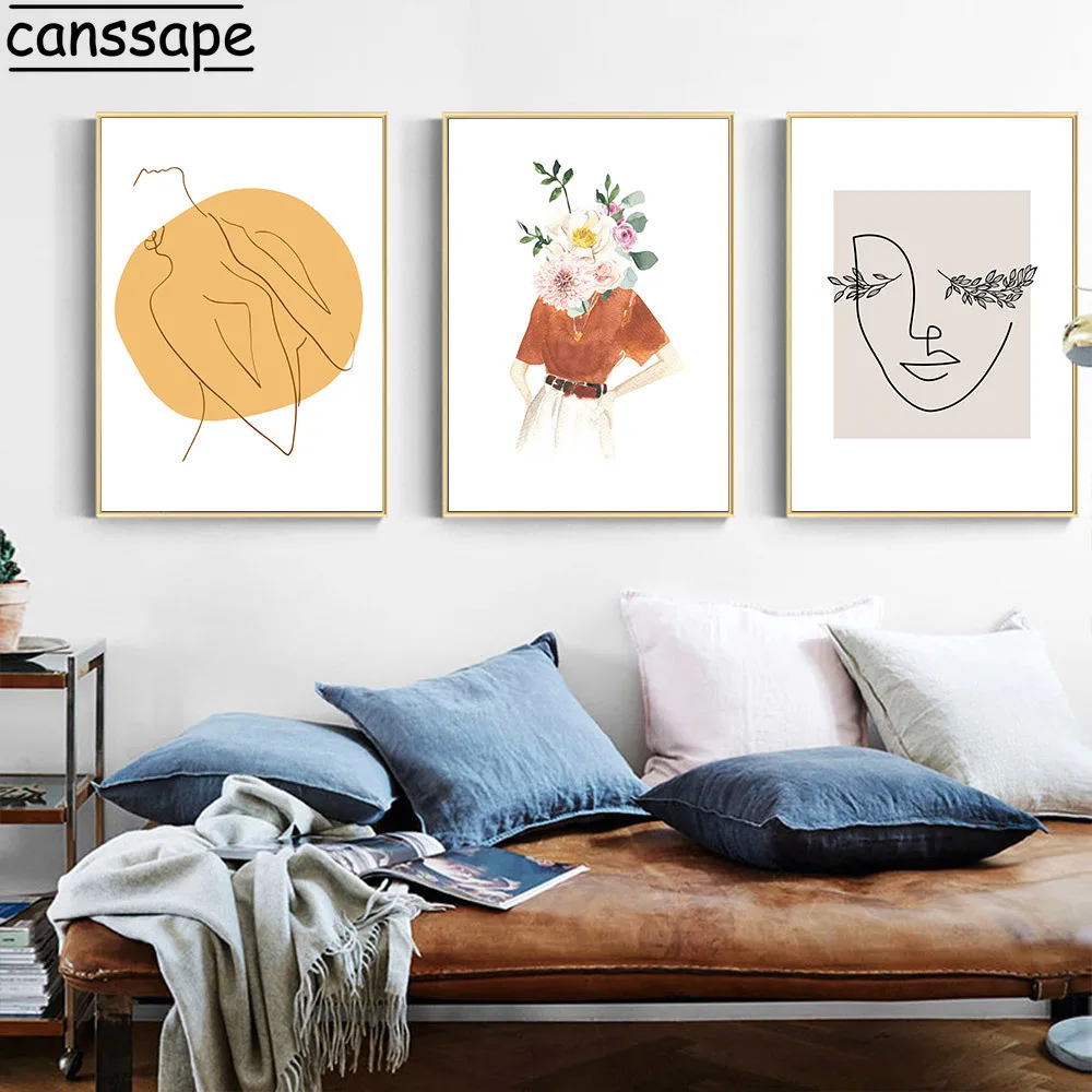 Pink Flower Girl Poster Face Line Drawing Canvas Painting Abstract Woman Wall Art Print Plant Leaf Boho Pictures Home Decor | Дом и сад