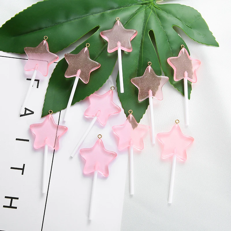 

HEYUYAO 10Pcs Mixed Color Star Lollipop 35*76mm Glitter Lollipop Cute Resin Cabochons Decoration Crafts For Jewelry Pendants
