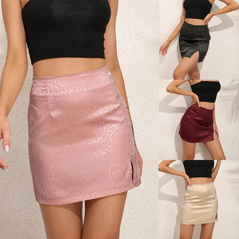 

Women's High Waist Leopard Jacquard Satin Zipper Side Split Bodycon Mini Short Skirt High Street
