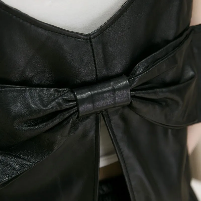 

Women Pullover Sheepskin Genuine Leather Jacket Back Bow Split Kawaii Sleeveless Vest Top Short Waistcoat Lady Casual Streetwear