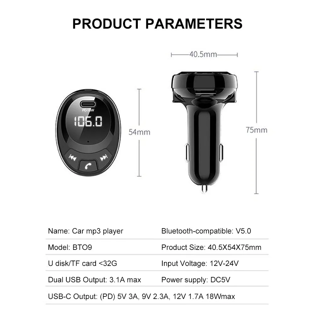 

18W Car FM Transmitter Bluetooth-Compatible Transmiter 3.1A USB + PD Car Charger Adapter MP3 Player for Car Motorcycle Lighter