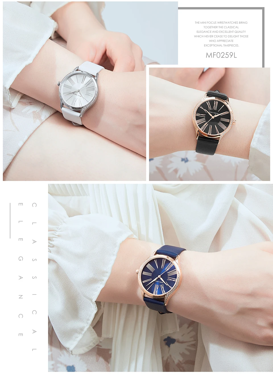 MINIFOCUS, классические, элегантные, синие, кожаные, женские часы, Iced Out, кварцевые, женские часы, водонепроницаемые, простой дизайн, модные, женские часы