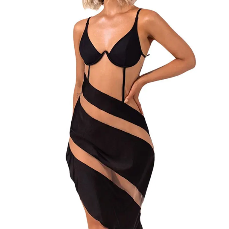 

2021 New Vestido Women Sexy Mesh Patchwork Bodycon Dress Sleeveless Hollow Out Split Fitness V-Neck Party Clubwear Camisole