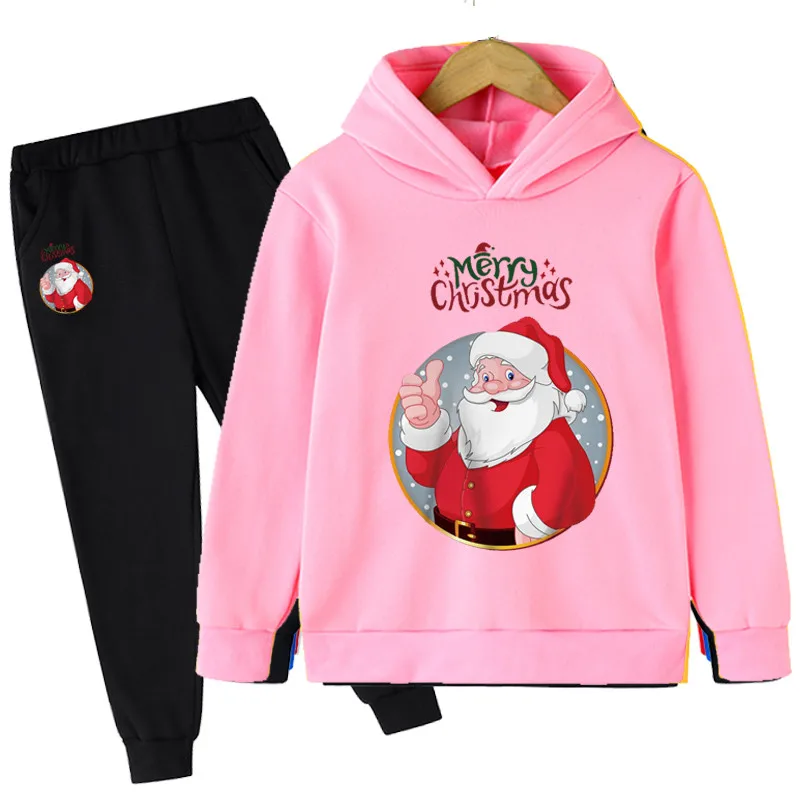 

4-14 Years Kids Boys Clothing Set Casual Fashion Christmas Gift Cartoon Santa Claus Hoodies + Pant Children Baby Girls Clothing
