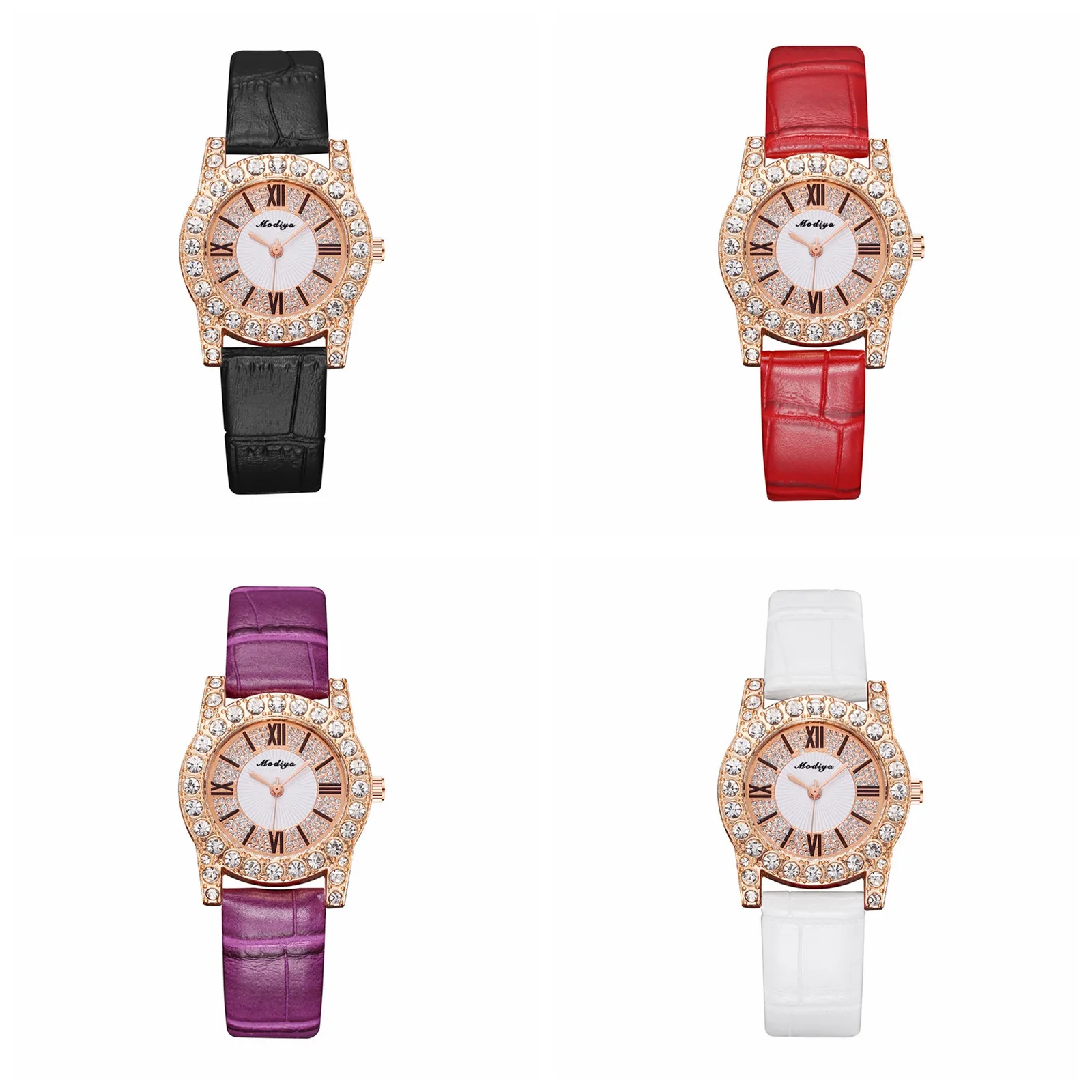 

Roman Scale Women's Watches Faux Leather Sport Watch Ladies Diamond Roman Dial Rhinestone Analog Female Quartz Wristwatch#1104