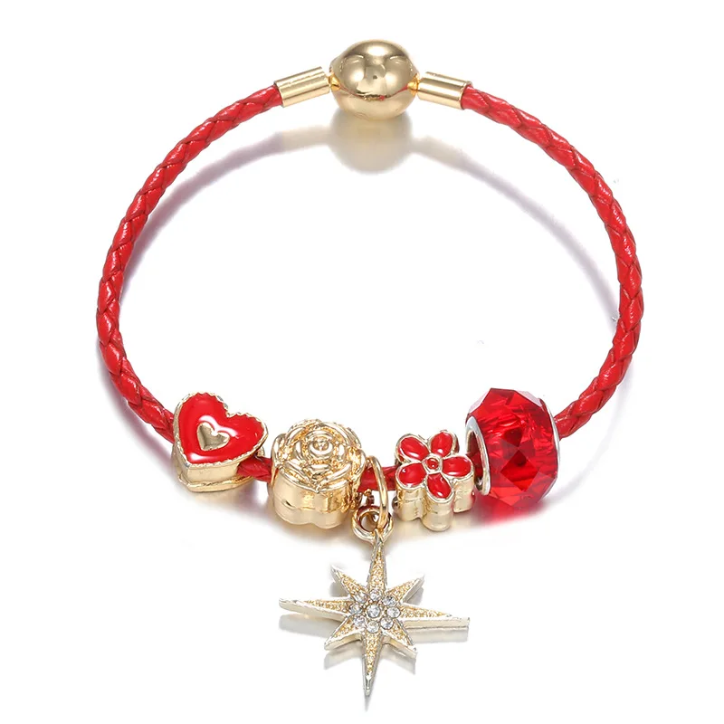 

Leather artificial woven Red Rope Bracelet Gold Star Pendant red love Beaded holiday gift bracelets for women