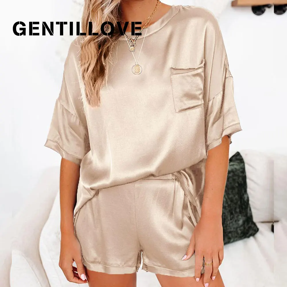 

Gentillove Women Summer Two Pieces Sets Elegant Satin Loose T Shirt and Shorts Suits Casual Solid Short Sleeve Blouses Outfits