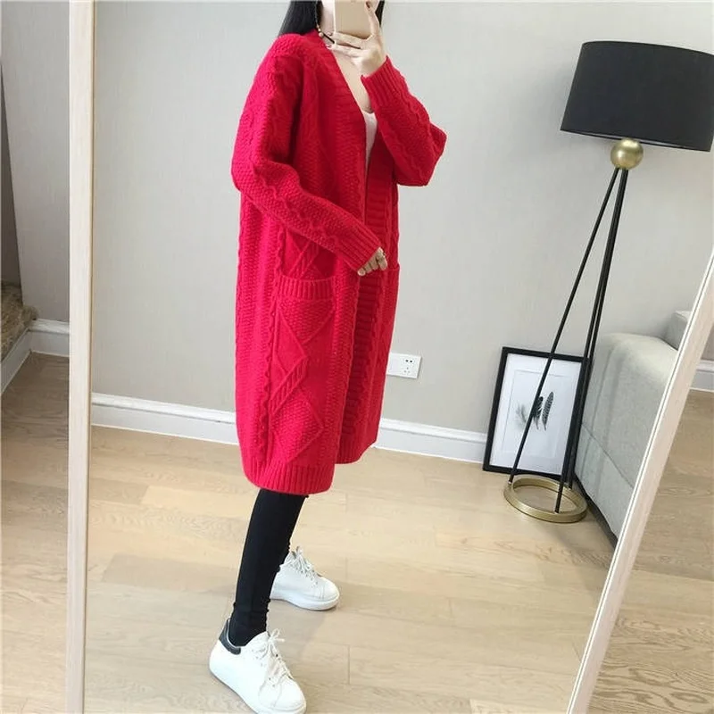 

2022 Autumn Women Vintage Sweater V Neck Solid Loose Knitwear Outerwear Middle-long Casual Knitted Cardigan Pull Femme Y334