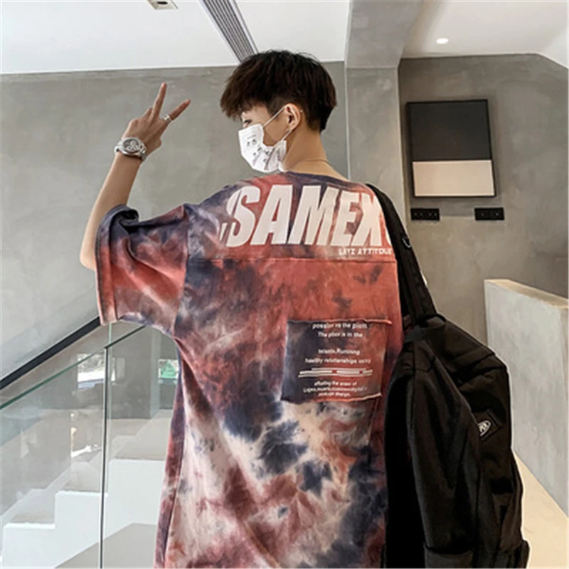 

Tie-Dye Graffiti Short-Sleeved T-Shirt Male Ins Tide Brand Student Men's Loose Half-Sleeved T-Shirt Street Hip-Hop SummerSleeves