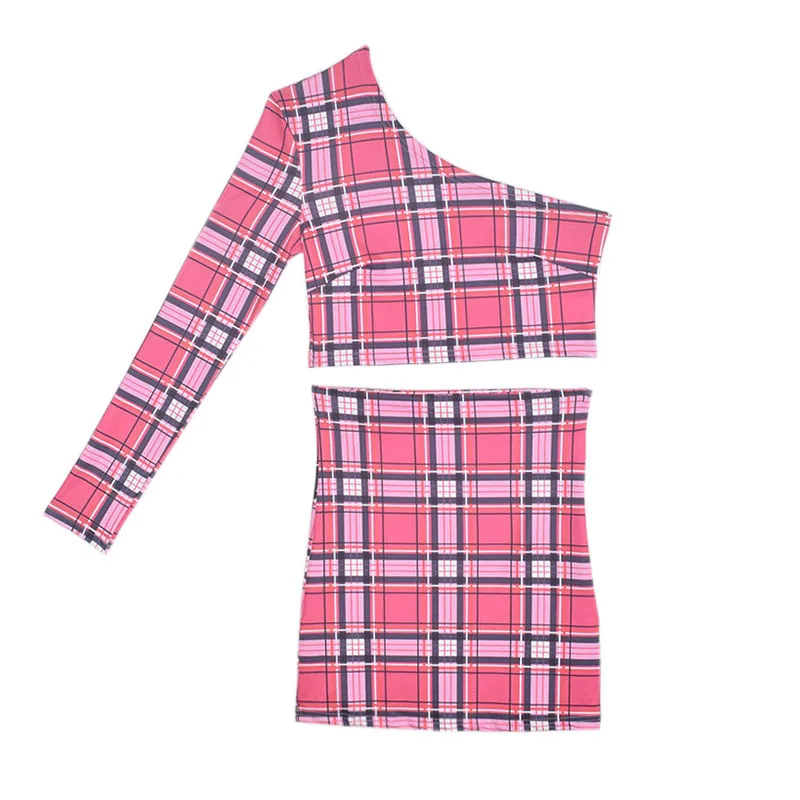 

2021 Summer Hot Sale Single Side Sleeve Plaid T-Shirt Tops Skirt Set Women