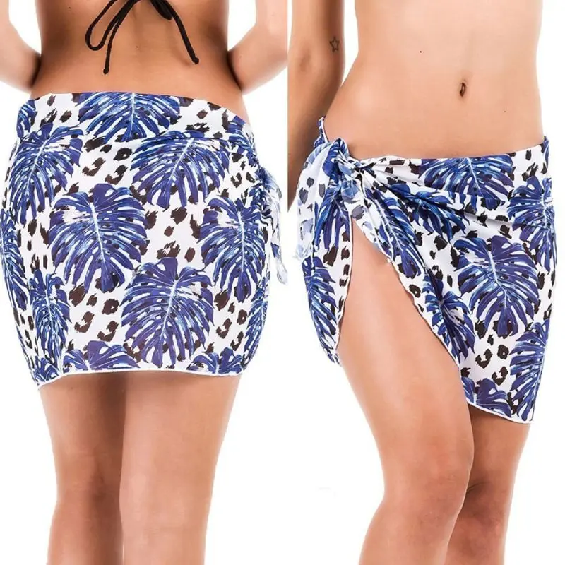 

Womens Summer Sun Protection Chiffon Sarong Wrap Skirt Bohemian Colored Leopard Coconut Tree Digital Printing Swimsuit Cover Up