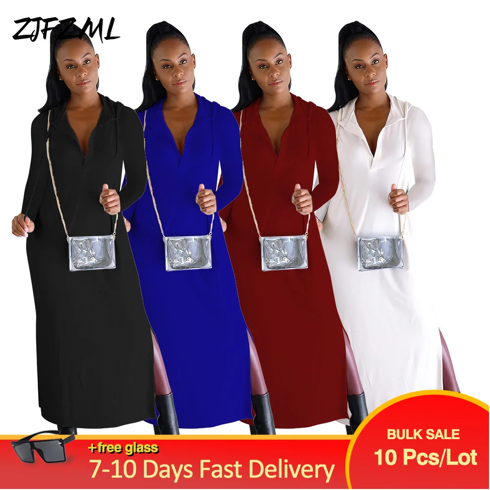 

Bulk Lots Wholesale Items Early Autumn Women's Straight Loose Dresses Active Wear Solid Hooded Full Sleeve Backless Maxi Robe