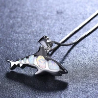 shark pendant blue white fire opal necklace womens cute fish animal necklace womens wedding jewelry gift