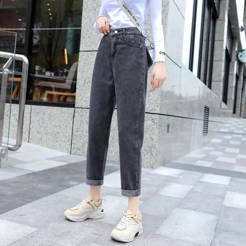 Женские джинсовые брюки свободные повседневные с высокой талией и карманами на