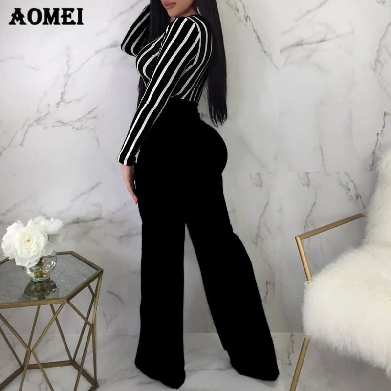 Женский комбинезон в полоску элегантный повседневный с V-образным вырезом и