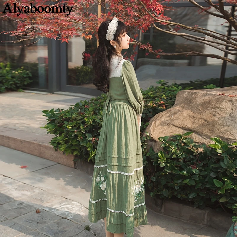 

Mori Girl Autumn Spring Women Long Dress Stand Collar Patchwork Floral Embroidery Dress Lantern Sleeve Elegant Party Chic Dress