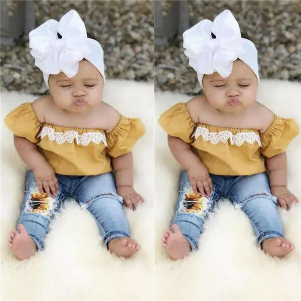 Детский джинсовый костюм с открытыми плечами кружевной топ и штаны цветочным