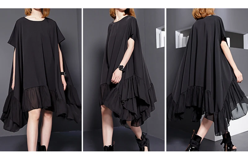 [EAM] new summer autumn round neck short sleeve solid color black split joint loose big size dress women fashion tide 446