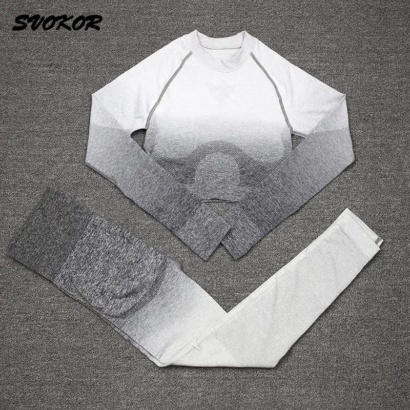 

Женский спортивный костюм SVOKOR, бесшовный спортивный костюм для воркаута и фитнеса, укороченный топ, леггинсы, спортивная одежда с градиенто...