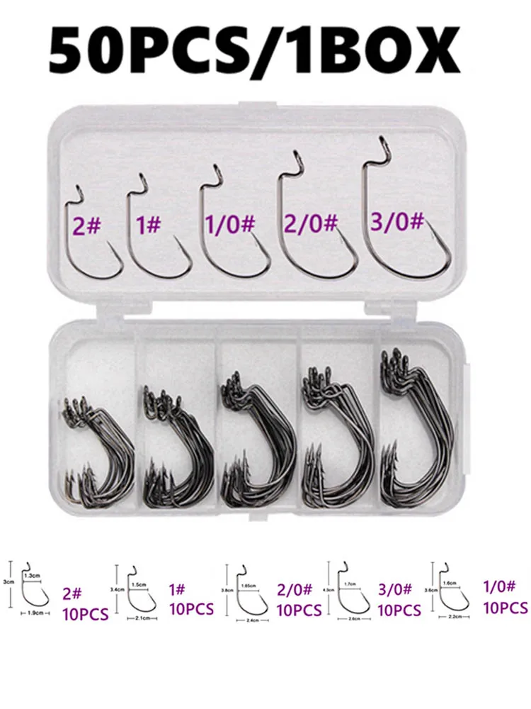 

50Pcs Mixed Size Fishing Hook 2#-3/0# Crank Steel Single Circle Soft Bait Worm Barbed Fishing Hook Set Pesca Tackle Accessories