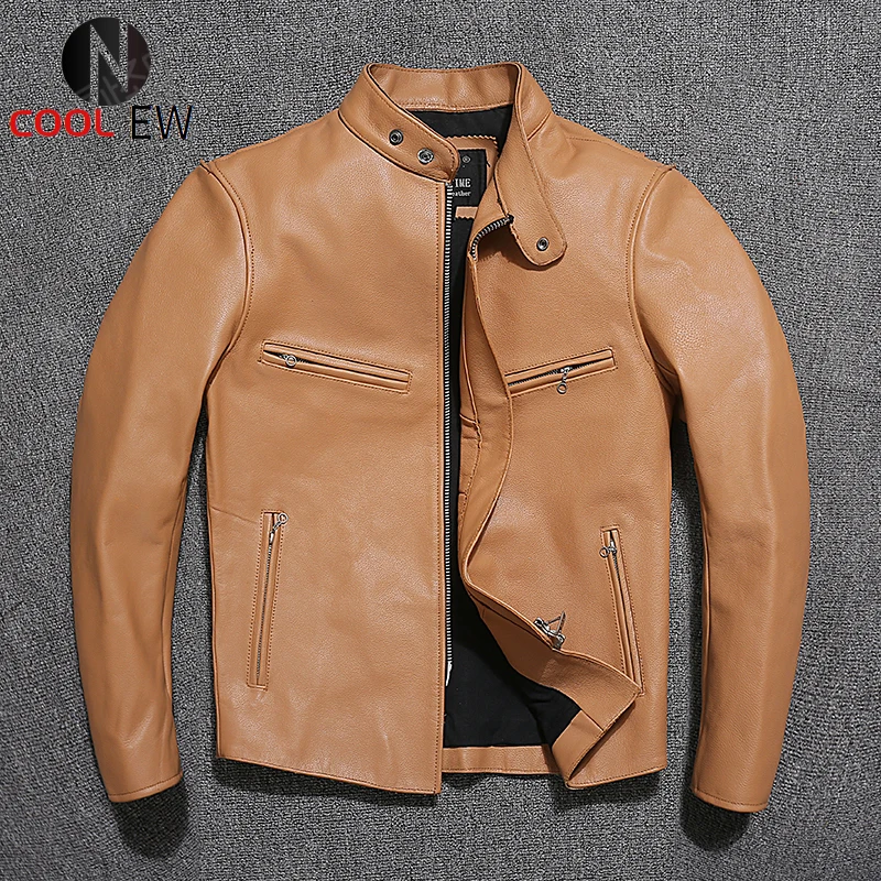 

Мужская кожаная куртка светло-коричневого цвета, мотоциклетная короткая приталенная байкерская куртка из натуральной воловьей кожи, модел...