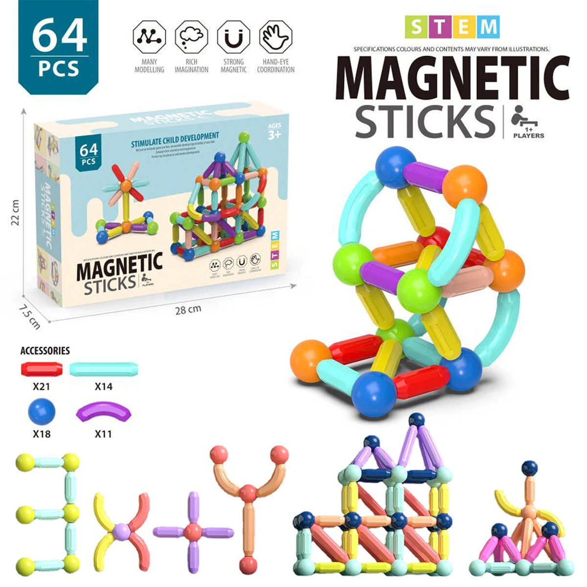 

25-64 Big Size Magnetic Sticks Building Blocks Set Kids Magnets Bar Constructor Designer for children Magnetic Toy Bricks