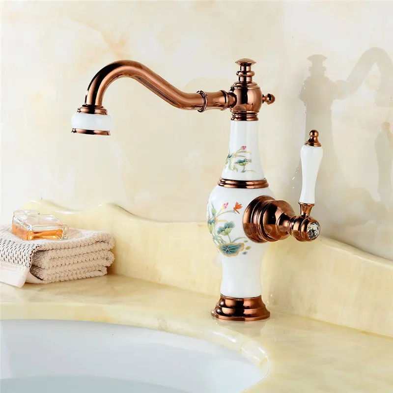

Bathroom Basin Faucet Golden Brass Sink Mixer Tap Hot & Cold Faucet Single Handle Ceramic Vase Shape Bathroom Crane Lavatory Tap